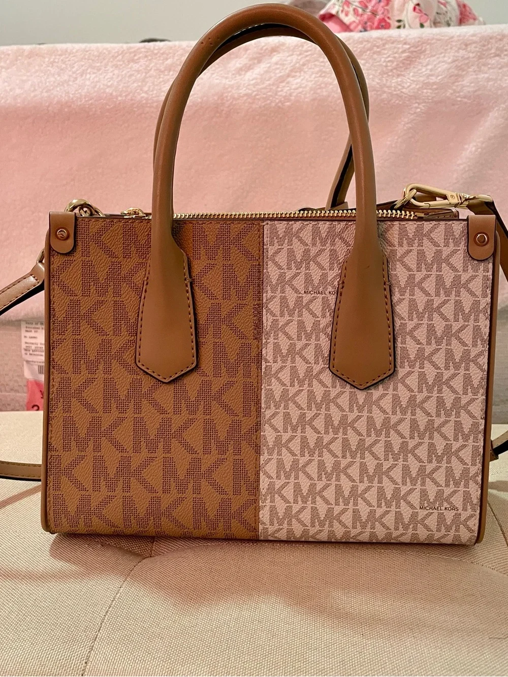 Michael Kors Two-Tone Brown and Beige Logo Satchel
